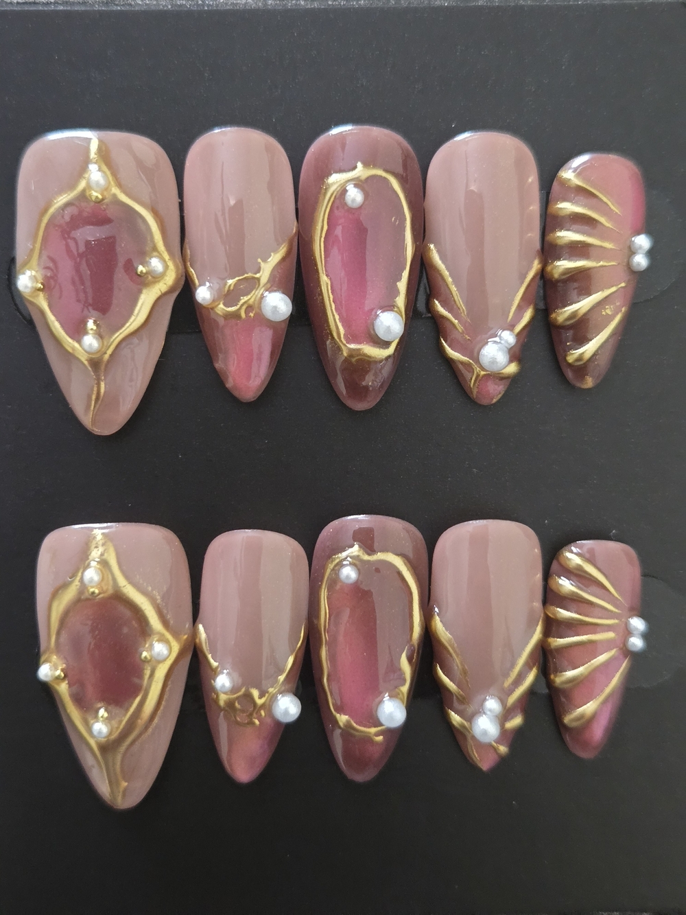 Hand Crafted Nude & Mauve Pearl Accent Press-On Nails with Gold Trim